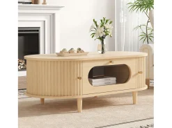 Mesa de centro para sala de estar - 100 x 50 x 36 cm - com 1 gaveta + portas de correr - MDF - cor natural