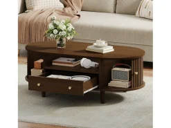 Mesa de centro para sala de estar - 100 x 50 x 36 cm - com gaveta + espaço de armazenamento aberto + portas de correr - MDF - marrom
