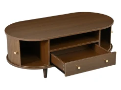 Mesa de centro para sala de estar - 100 x 50 x 36 cm - com gaveta + espaço de armazenamento aberto + portas de correr - MDF - marrom