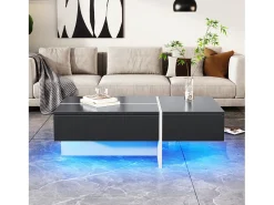 Mesa de centro preta brilhante, mesa de sala, tampo em mármore com LED, 100 x 50 x 34,5 cm
