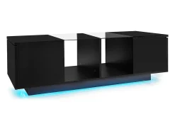 Mesa de centro preta com iluminação LED e espaço de arrumação - Tampo brilhante e painel central em vidro