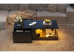 Mesa de centro preta com 2 gavetas, iluminação LED, vidro temperado 100x50x30cm