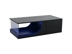 Mesa de centro preta com 2 gavetas, iluminação LED, vidro temperado 100x50x30cm