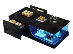 Mesa de centro preta com 2 gavetas, iluminação LED, vidro temperado 100x50x30cm