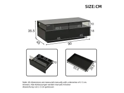 Mesa de centro preta com 2 gavetas, iluminação LED e tampo amovível 90x45x35,5cm