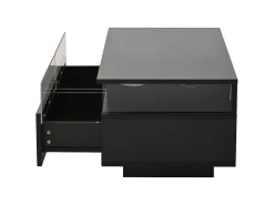Mesa de centro preta com 2 gavetas, iluminação LED e tampo amovível 90x45x35,5cm