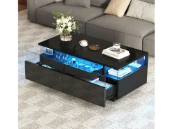 Mesa de centro preta com 2 gavetas, iluminação LED e tampo amovível 90x45x35,5cm