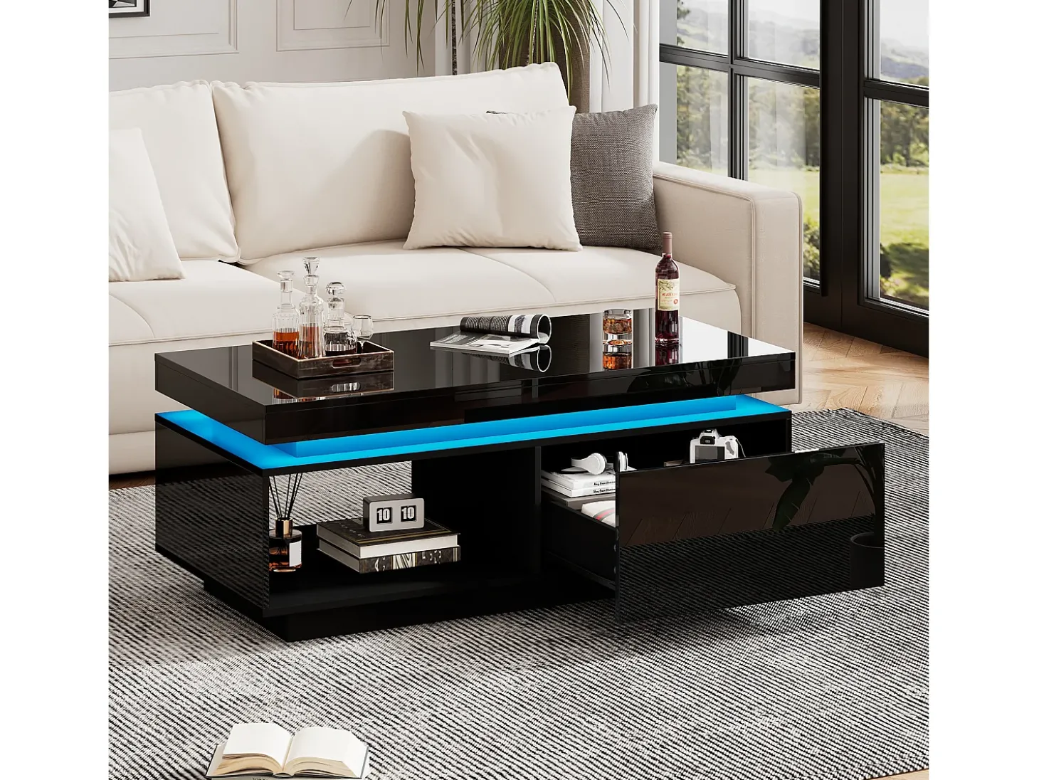 Mesa de centro preta com iluminação LED e gaveta, aglomerado, 100x50x40,3 cm