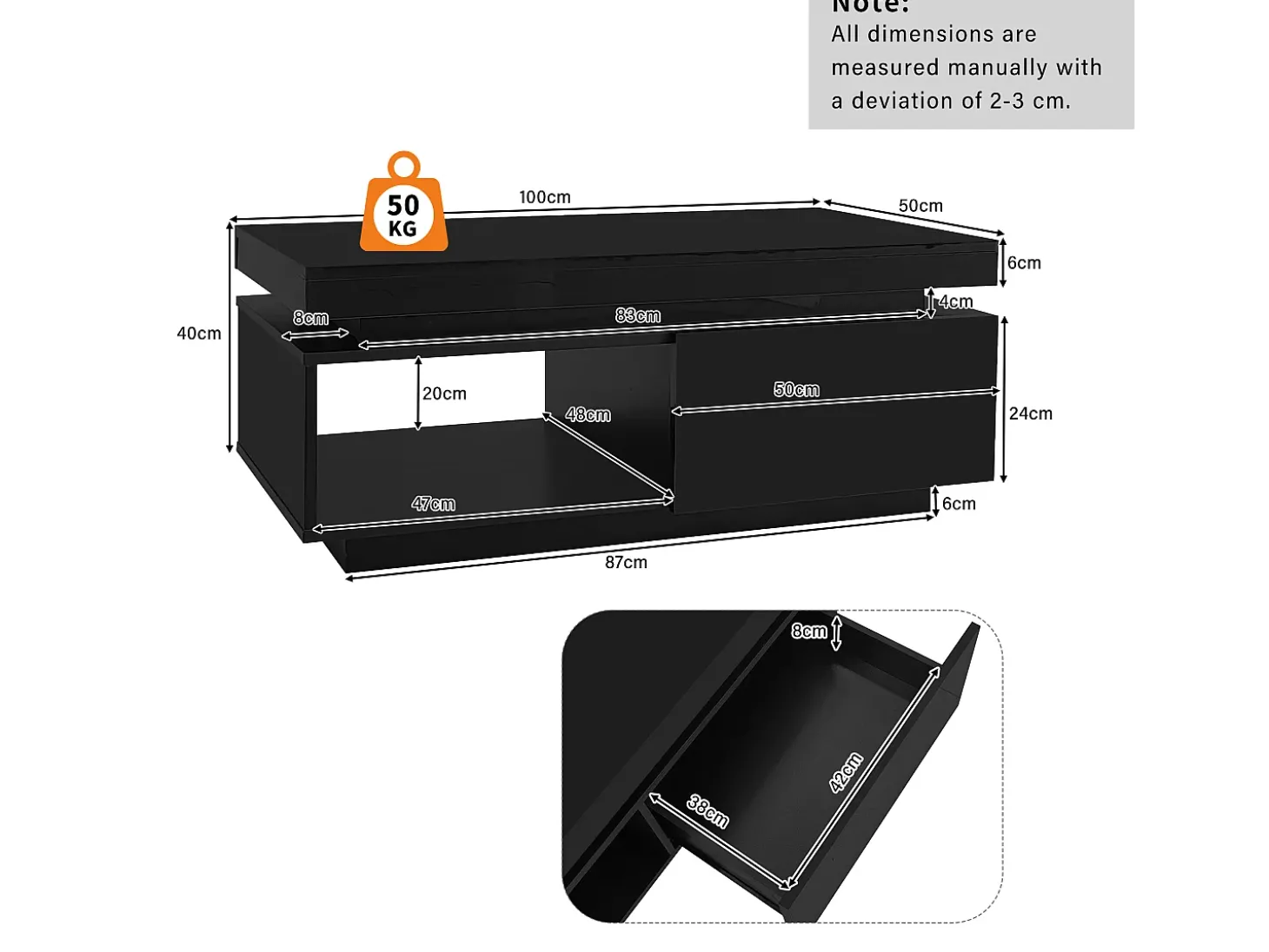 Mesa de centro preta com iluminação LED e gaveta, aglomerado, 100x50x40,3 cm