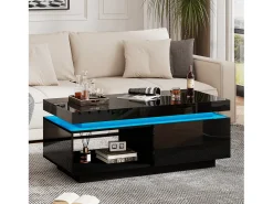 Mesa de centro preta com iluminação LED e gaveta, aglomerado, 100x50x40,3 cm