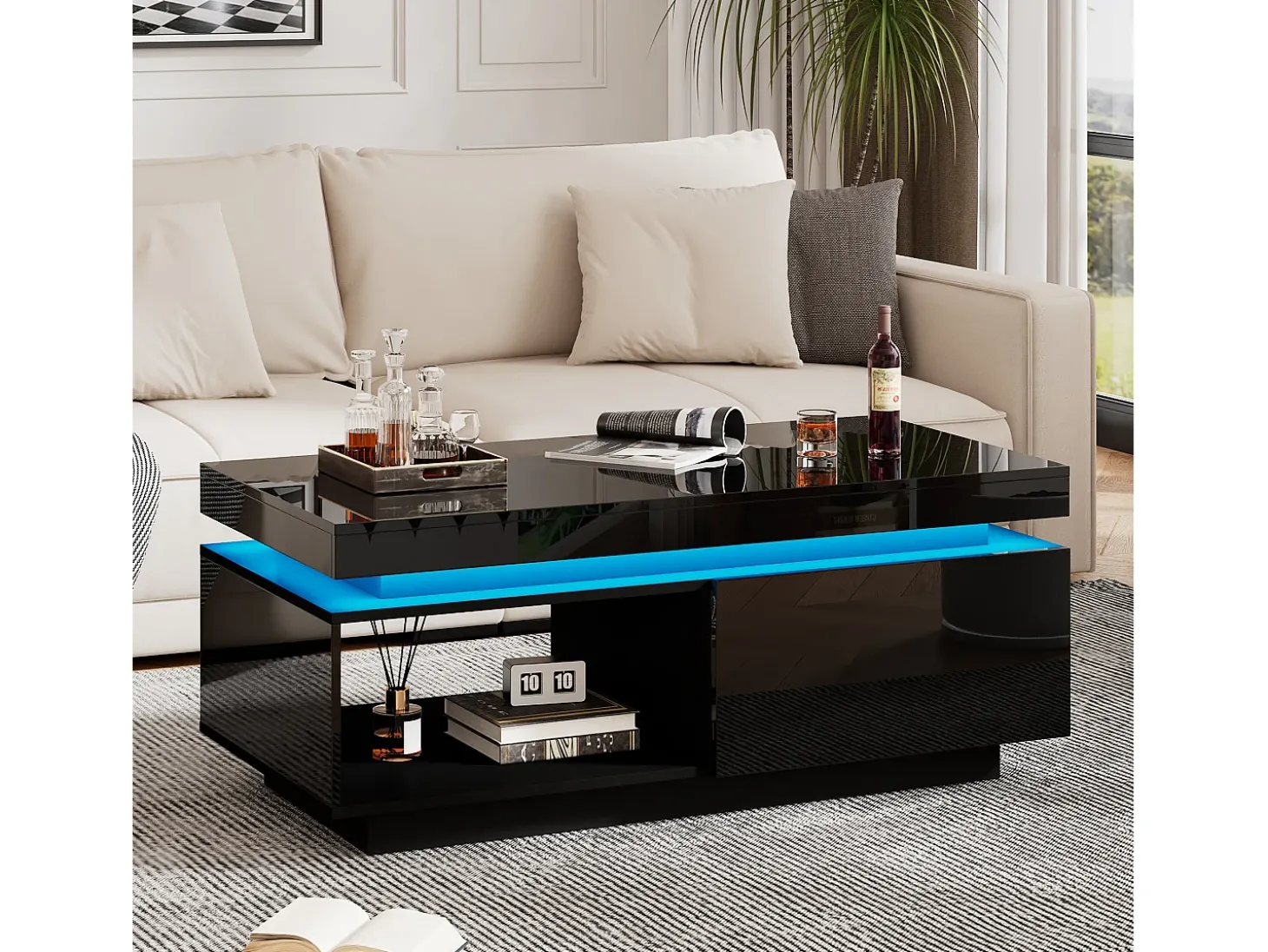 Mesa de centro preta com iluminação LED e gaveta, aglomerado, 100x50x40,3 cm