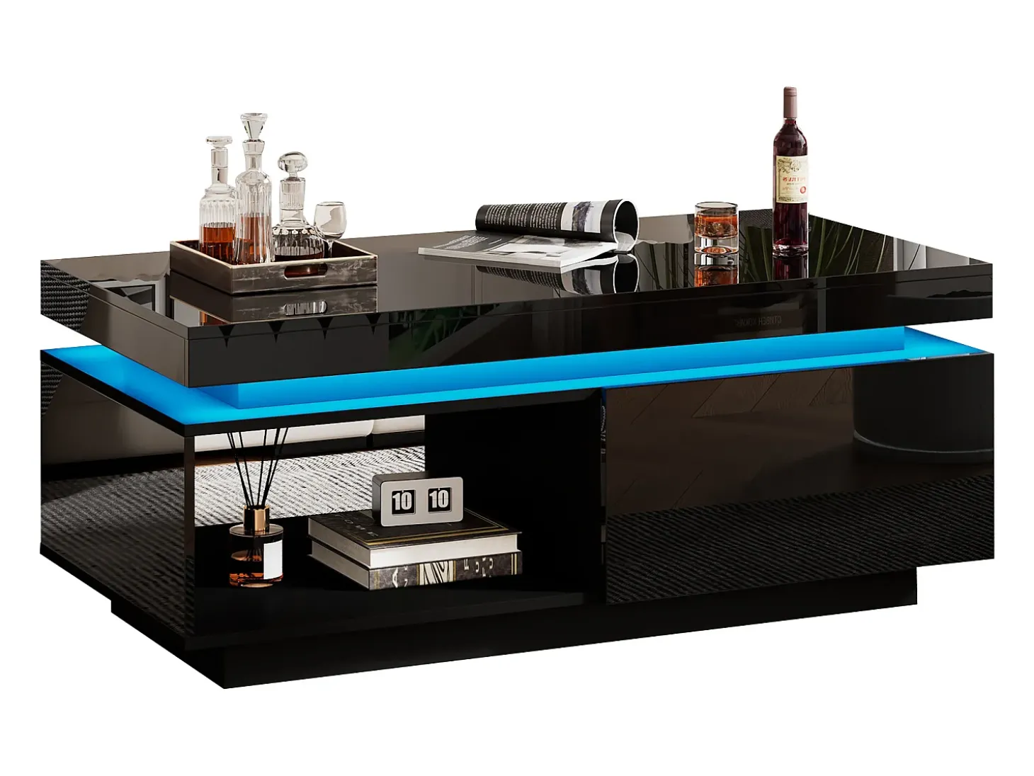 Mesa de centro preta com iluminação LED e gaveta, aglomerado, 100x50x40,3 cm