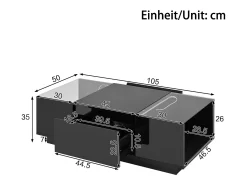 Mesa de centro preta com 2 gavetas, iluminação LED e tampo em vidro 105x50x35cm