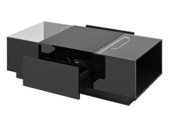 Mesa de centro preta com 2 gavetas, iluminação LED e tampo em vidro 105x50x35cm