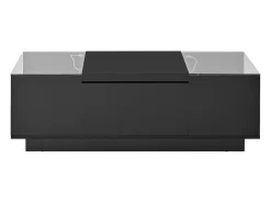 Mesa de centro preta com 2 gavetas, iluminação LED e tampo em vidro 105x50x35cm