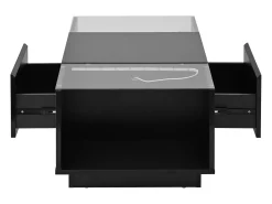 Mesa de centro preta com 2 gavetas, iluminação LED e tampo em vidro 105x50x35cm