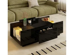 Mesa de centro preta com 2 gavetas, iluminação LED e tampo em vidro 105x50x35cm