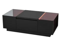 Mesa de centro preta com 2 gavetas, iluminação LED e tampo em vidro 105x50x35cm