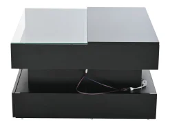 Mesa de centro preta elevável com 2 gavetas, iluminação e arrumação LED, tampo em vidro semi-temperado