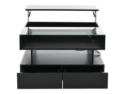Mesa de centro preta elevável com 2 gavetas, iluminação e arrumação LED, tampo em vidro semi-temperado