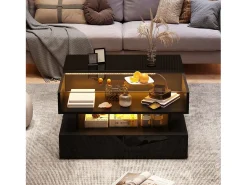 Mesa de centro preta elevável com 2 gavetas, iluminação e arrumação LED, tampo em vidro semi-temperado