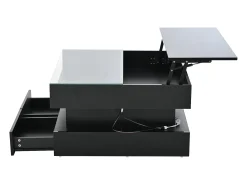Mesa de centro preta elevável com 2 gavetas, iluminação e arrumação LED, tampo em vidro semi-temperado