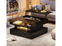 Mesa de centro preta elevável com 2 gavetas, iluminação e arrumação LED, tampo em vidro semi-temperado