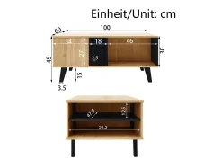 Mesa de centro preta natural e clara com funções de arrumação versáteis, 100x60x45cm