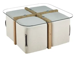 Mesa de centro QUADORA – Quadrada 90x90 cm – Vidro & carvalho envelhecido – Com 4 pufes brancos – Design prático e elegante