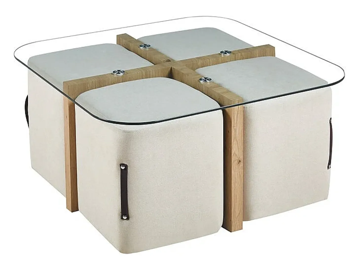 Mesa de centro QUADORA – Quadrada 90x90 cm – Vidro & carvalho envelhecido – Com 4 pufes brancos – Design prático e elegante