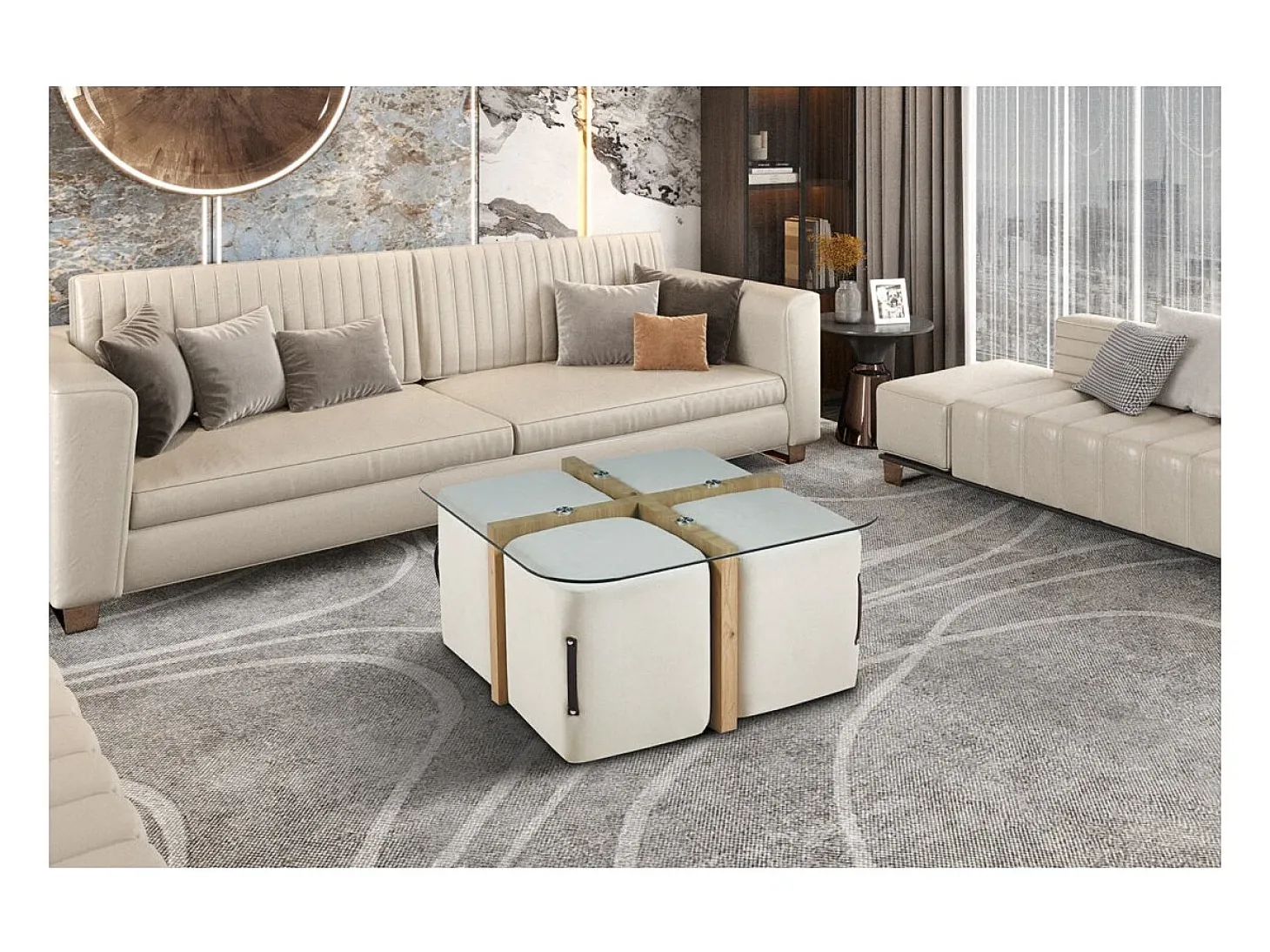 Mesa de centro QUADORA – Quadrada 90x90 cm – Vidro & carvalho envelhecido – Com 4 pufes brancos – Design prático e elegante