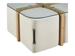 Mesa de centro QUADORA – Quadrada 90x90 cm – Vidro & carvalho envelhecido – Com 4 pufes brancos – Design prático e elegante