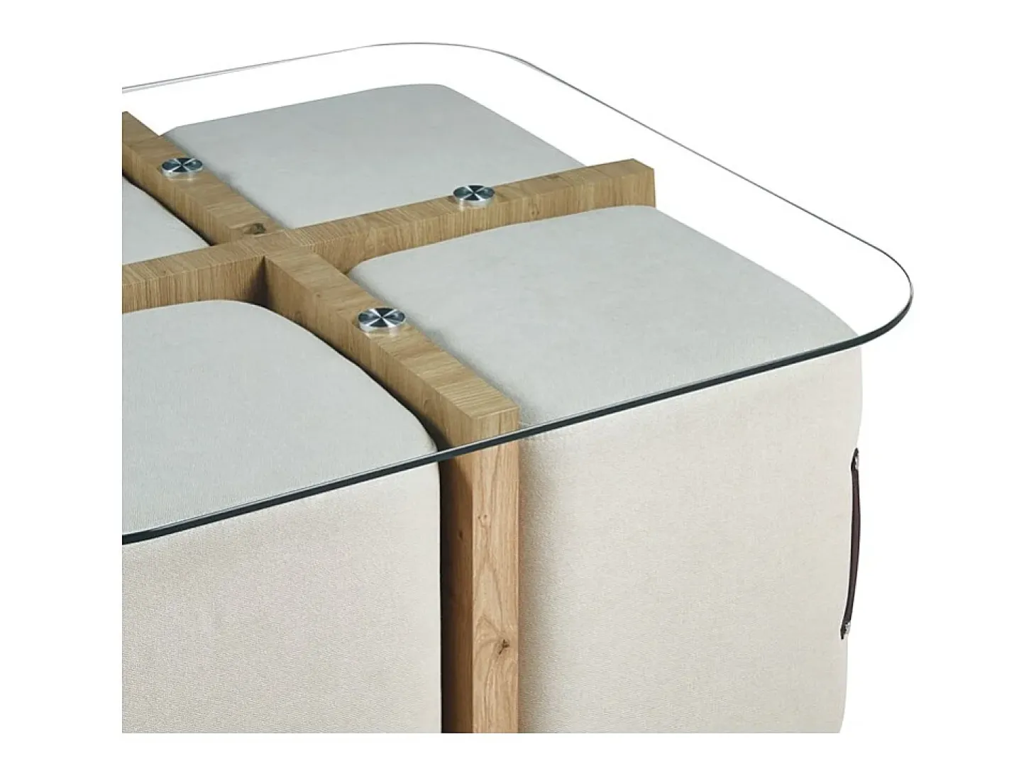 Mesa de centro QUADORA – Quadrada 90x90 cm – Vidro & carvalho envelhecido – Com 4 pufes brancos – Design prático e elegante