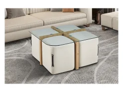 Mesa de centro QUADORA – Quadrada 90x90 cm – Vidro & carvalho envelhecido – Com 4 pufes brancos – Design prático e elegante