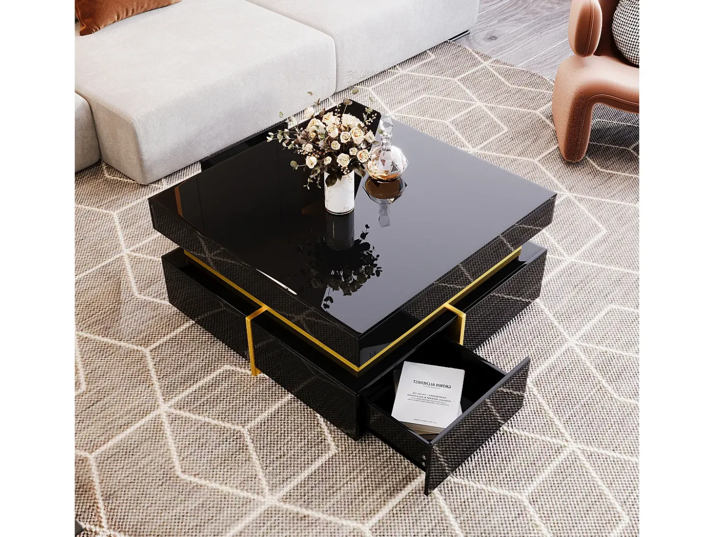 Mesa de centro quadrada alto brilho com 2 gavetas - Aglomerado - Cor preta
