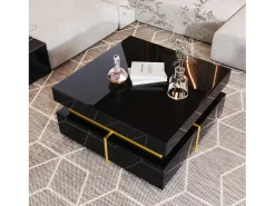 Mesa de centro quadrada alto brilho com 2 gavetas - Aglomerado - Cor preta