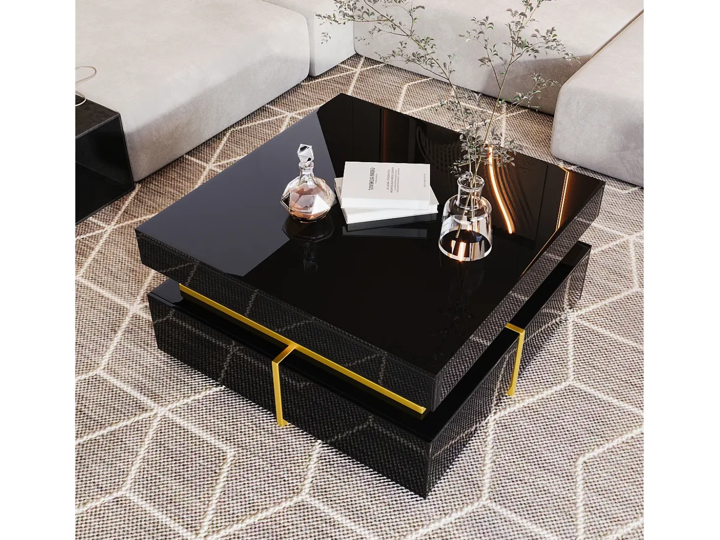 Mesa de centro quadrada alto brilho com 2 gavetas - Aglomerado - Cor preta