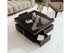 Mesa de centro quadrada alto brilho com 2 gavetas - Aglomerado - Cor preta
