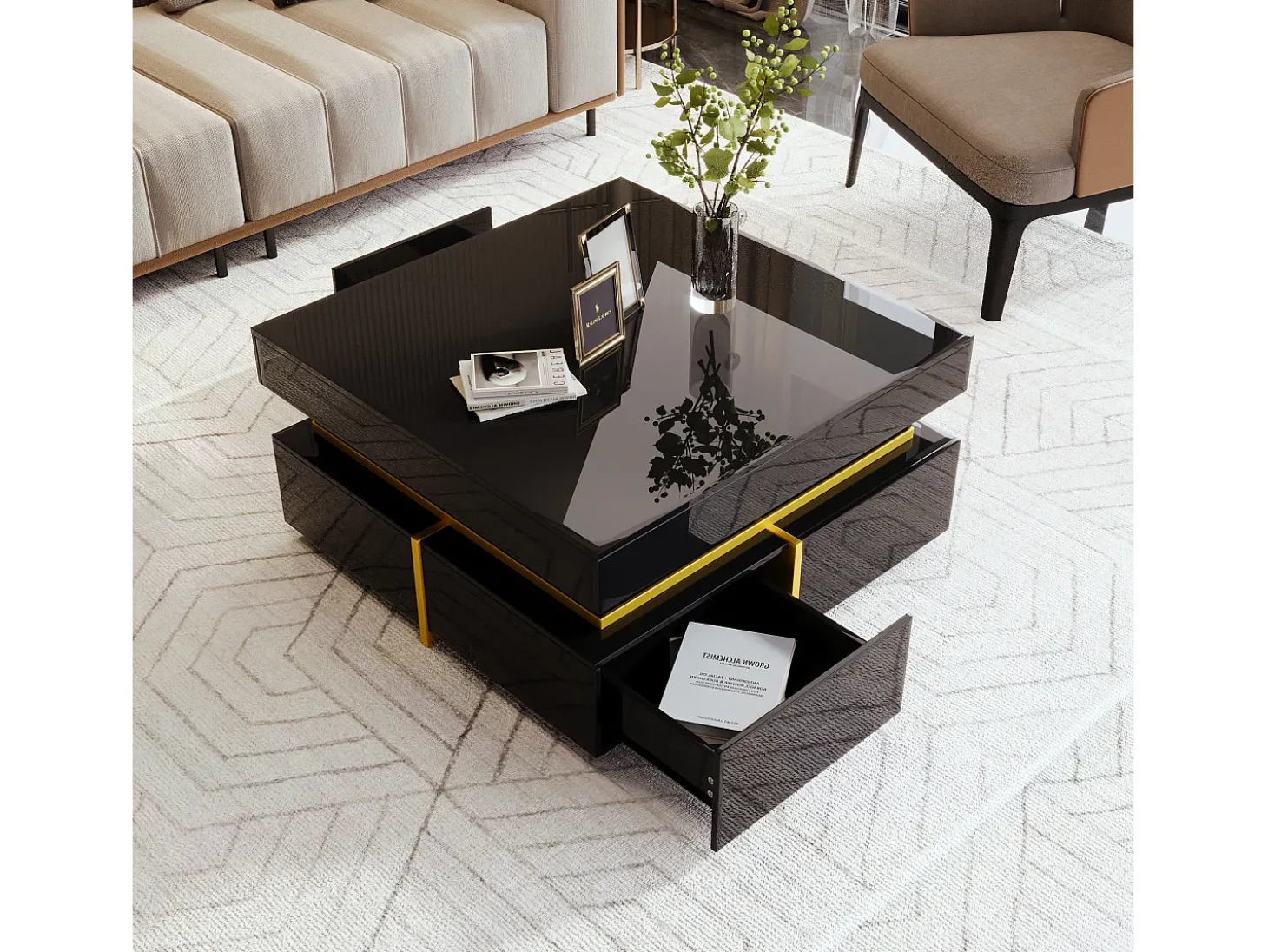 Mesa de centro quadrada alto brilho com 2 gavetas - Aglomerado - Cor preta