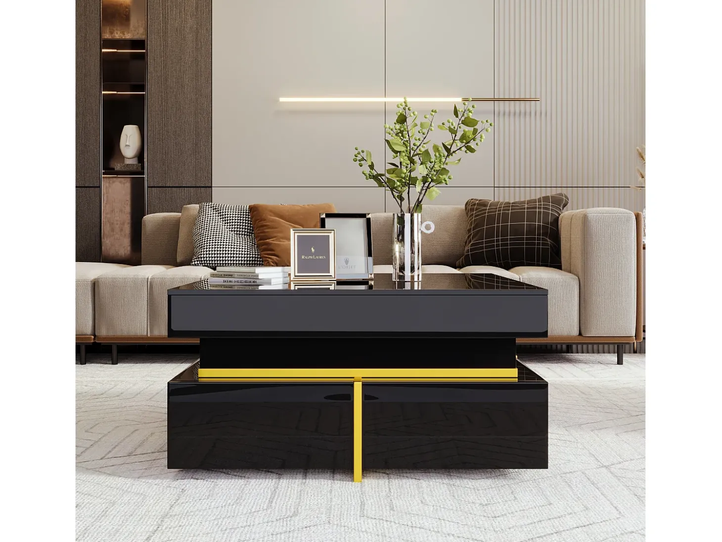 Mesa de centro quadrada alto brilho com 2 gavetas - Aglomerado - Cor preta