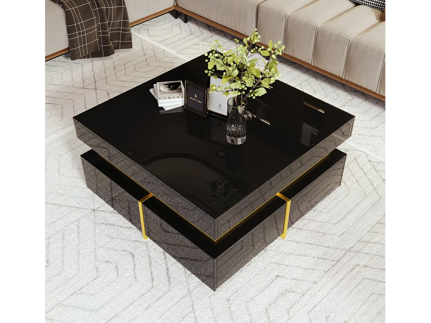 Mesa de centro quadrada alto brilho com 2 gavetas - Aglomerado - Cor preta
