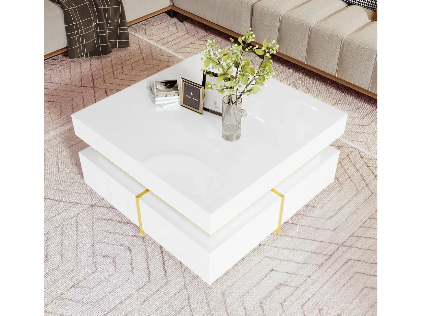 Mesa de centro quadrada alto brilho com 2 gavetas - Aglomerado - Cor branca