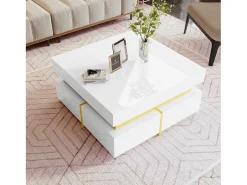 Mesa de centro quadrada alto brilho com 2 gavetas - Aglomerado - Cor branca