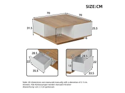 Mesa de centro quadrada branca e nogueira com 3 gavetas, acabamento em madeira 70 x 70 x 31,5 cm