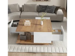 Mesa de centro quadrada branca e nogueira com 3 gavetas, acabamento em madeira 70 x 70 x 31,5 cm