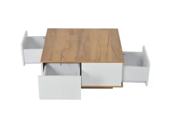 Mesa de centro quadrada branca e nogueira com 3 gavetas, acabamento em madeira 70 x 70 x 31,5 cm