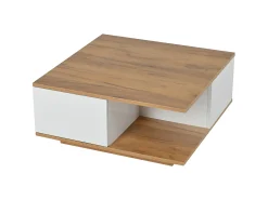 Mesa de centro quadrada branca e nogueira com 3 gavetas, acabamento em madeira 70 x 70 x 31,5 cm