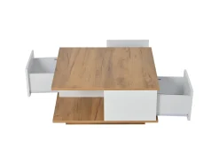 Mesa de centro quadrada branca e nogueira com 3 gavetas, acabamento em madeira 70 x 70 x 31,5 cm
