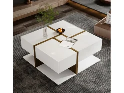 Mesa de centro quadrada com 4 gavetas - 78 x 78 x 34,8 cm - Aglomerado - Branco brilhante