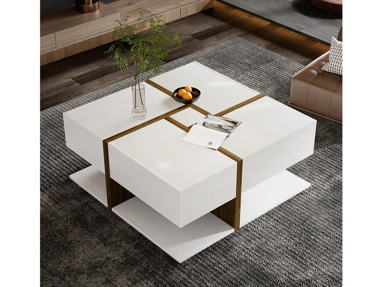Mesa de centro quadrada com 4 gavetas - 78 x 78 x 34,8 cm - Aglomerado - Branco brilhante